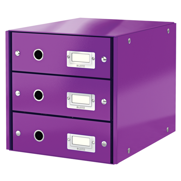 Leitz WOW Click & Store Drawer Cabinet (3 drawers).  With thumbholes and label holders. For A4 formats. Purple.