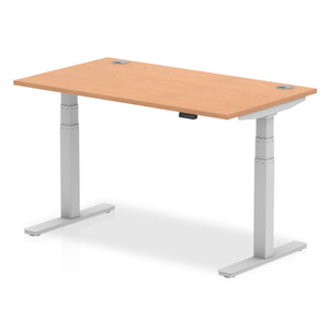 Air 1400 x 800mm Height Adjustable Desk Oak Top Cable Ports Silver Leg