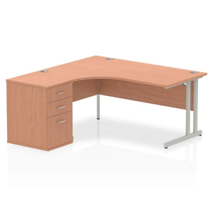 Impulse 1600mm Left Crescent Desk Maple Top White Cantilever Leg Workstation 800 Deep Desk High Pedestal Bundle