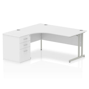 Impulse 1600mm Left Crescent Desk White Top Silver Cantilever Leg Workstation 600 Deep Desk High Pedestal Bundle