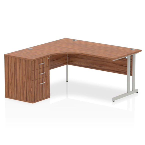 Impulse 1600mm Left Crescent Desk Walnut Top Silver Cantilever Leg Workstation 600 Deep Desk High Pedestal Bundle