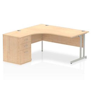 Impulse 1600mm Left Crescent Desk Maple Top Silver Cantilever Leg Workstation 600 Deep Desk High Pedestal Bundle