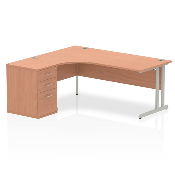 Impulse 1800mm Left Crescent Desk Grey Oak Top White Cantilever Leg Workstation 800 Deep Desk High Pedestal Bundle