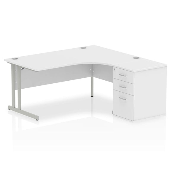 Impulse 1600mm Right Crescent Desk White Top Silver Cantilever Leg Workstation 600 Deep Desk High Pedestal Bundle