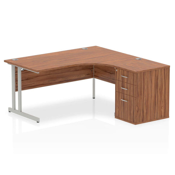 Impulse 1600mm Right Crescent Desk Walnut Top Silver Cantilever Leg Workstation 600 Deep Desk High Pedestal Bundle