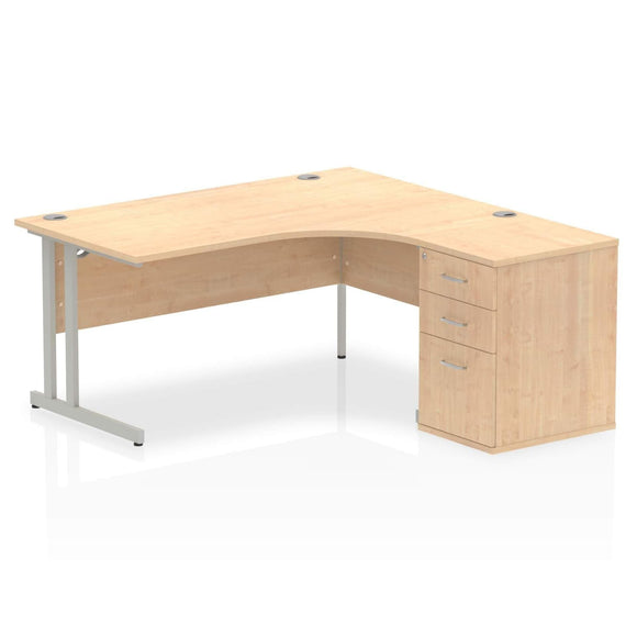 Impulse 1600mm Right Crescent Desk Maple Top Silver Cantilever Leg Workstation 600 Deep Desk High Pedestal Bundle