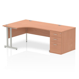 Impulse 1600mm Left Crescent Desk Beech Top Silver Cantilever Leg Workstation 800 Deep Desk High Pedestal Bundle