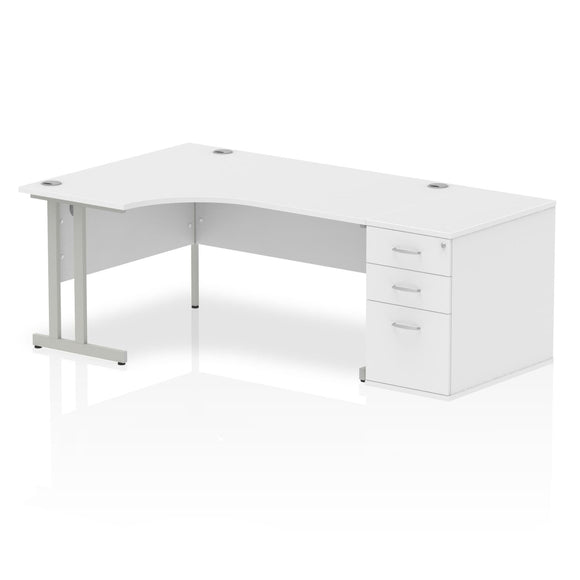 Impulse 1600mm Left Crescent Desk White Top Silver Cantilever Leg Workstation 800 Deep Desk High Pedestal Bundle