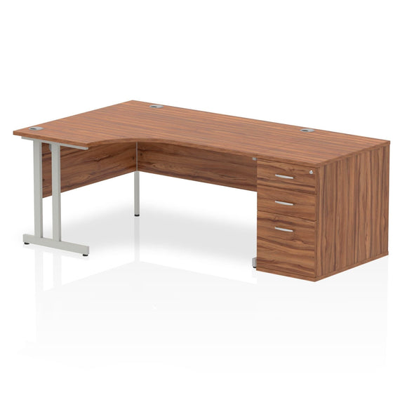 Impulse 1600mm Left Crescent Desk Walnut Top Silver Cantilever Leg Workstation 800 Deep Desk High Pedestal Bundle