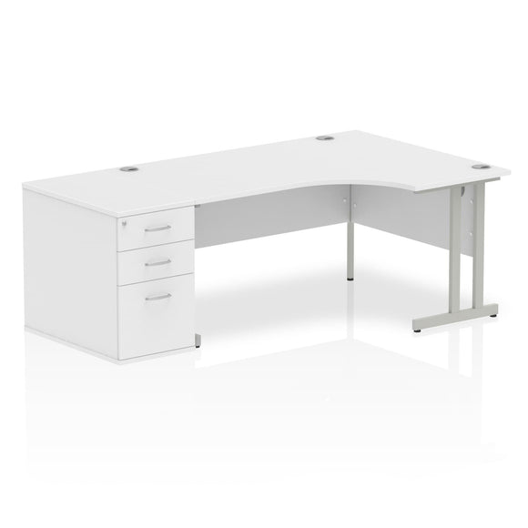 Impulse 1600mm Right Crescent Desk White Top Silver Cantilever Leg Workstation 800 Deep Desk High Pedestal Bundle