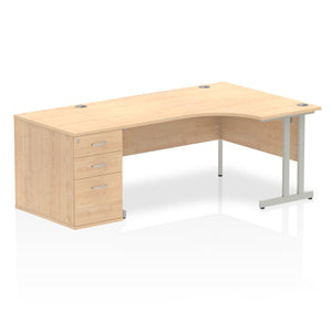 Impulse 1600mm Right Crescent Desk Maple Top Silver Cantilever Leg Workstation 800 Deep Desk High Pedestal Bundle