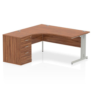 Impulse 1600mm Left Crescent Desk Walnut Top Silver Cable Managed Leg Workstation 600 Deep Desk High Pedestal Bundle