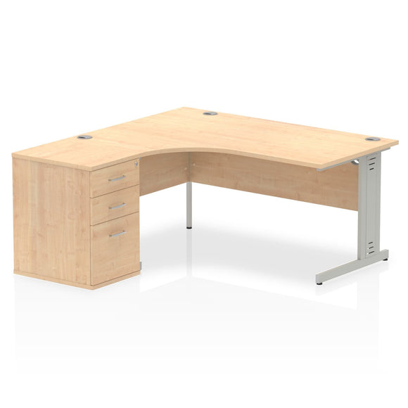 Impulse 1600mm Left Crescent Desk Maple Top Silver Cable Managed Leg Workstation 600 Deep Desk High Pedestal Bundle