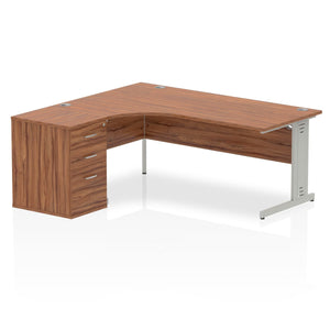 Impulse 1800mm Left Crescent Desk Walnut Top Silver Cable Managed Leg Workstation 600 Deep Desk High Pedestal Bundle