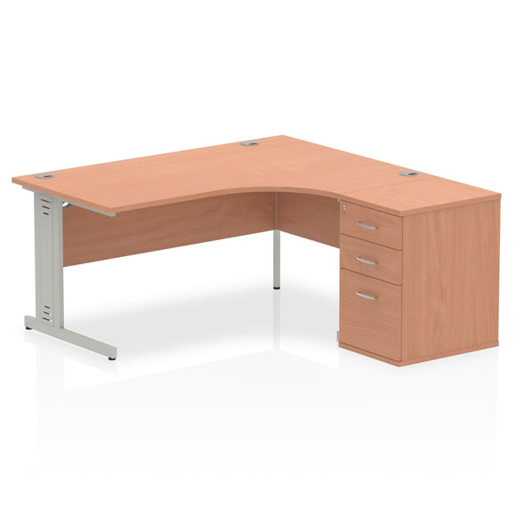 Impulse 1600mm Right Crescent Desk Walnut Top White Cable Managed Leg Workstation 800 Deep Desk High Pedestal Bundle