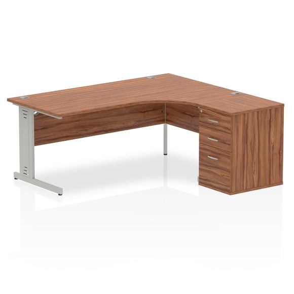 Impulse 1800mm Right Crescent Desk Walnut Top Silver Cable Managed Leg Workstation 600 Deep Desk High Pedestal Bundle