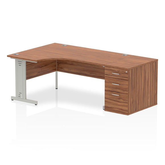 Impulse 1600mm Left Crescent Desk Walnut Top Silver Cable Managed Leg Workstation 800 Deep Desk High Pedestal Bundle