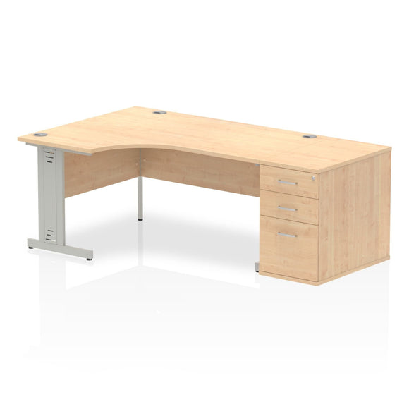 Impulse 1600mm Left Crescent Desk Maple Top Silver Cable Managed Leg Workstation 800 Deep Desk High Pedestal Bundle