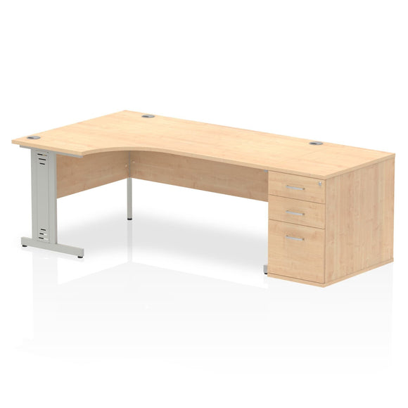 Impulse 1800mm Left Crescent Desk Maple Top Silver Cable Managed Leg Workstation 800 Deep Desk High Pedestal Bundle