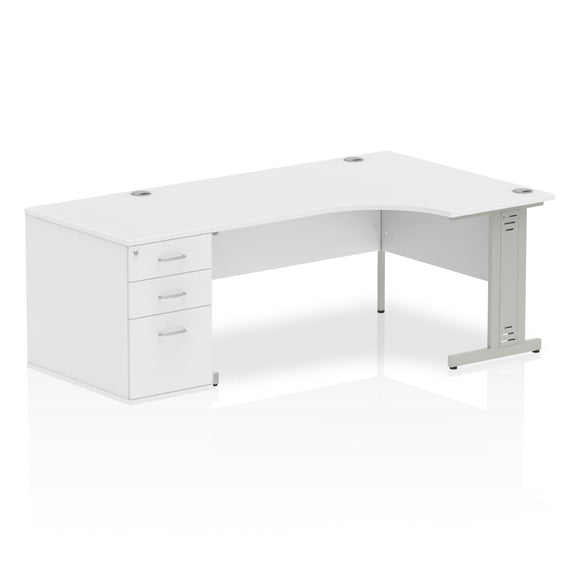 Impulse 1600mm Right Crescent Desk White Top Silver Cable Managed Leg Workstation 800 Deep Desk High Pedestal Bundle