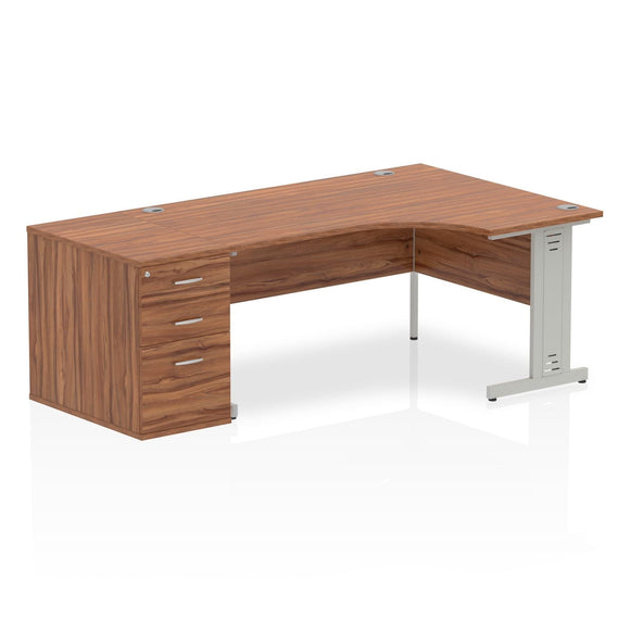 Impulse 1600mm Right Crescent Desk Walnut Top Silver Cable Managed Leg Workstation 800 Deep Desk High Pedestal Bundle