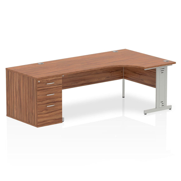 Impulse 1800mm Right Crescent Desk Walnut Top Silver Cable Managed Leg Workstation 800 Deep Desk High Pedestal Bundle