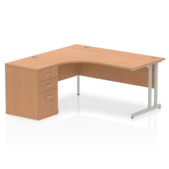 Impulse 1600mm Left Crescent Desk Oak Top Silver Cantilever Leg Workstation 600 Deep Desk High Pedestal Bundle