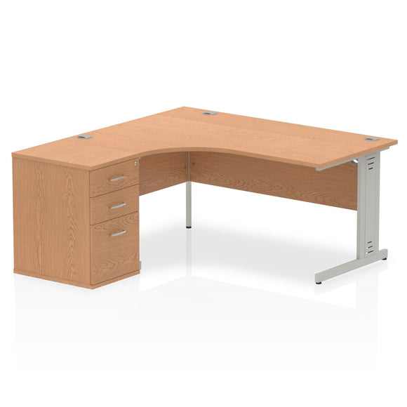 Impulse 1600mm Left Crescent Desk Oak Top Silver Cable Managed Leg Workstation 600 Deep Desk High Pedestal Bundle