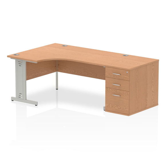 Impulse 1600mm Left Crescent Desk Oak Top Silver Cable Managed Leg Workstation 800 Deep Desk High Pedestal Bundle