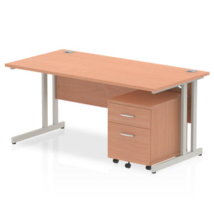 Impulse 1600 x 800mm Straight Desk Walnut Top Silver Cantilever Leg with 2 Drawer Mobile Pedestal