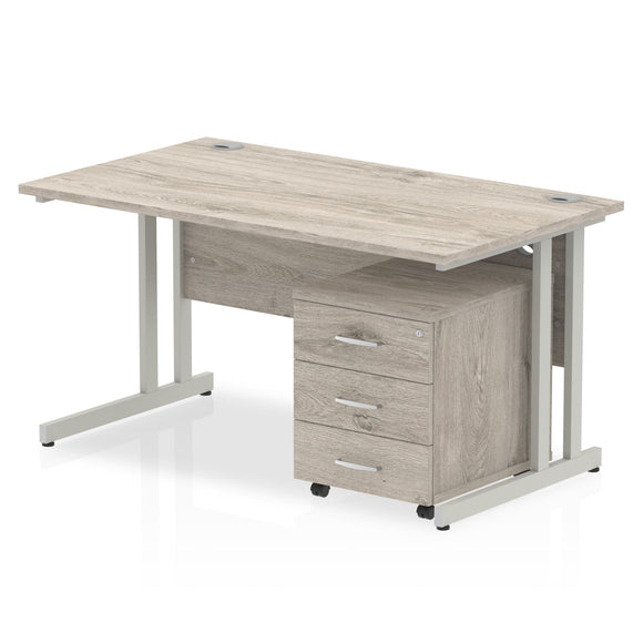 Impulse 1400 x 800mm Straight Desk Grey Oak Top Silver Cantilever Leg with 3 Drawer Mobile Pedestal Bundle