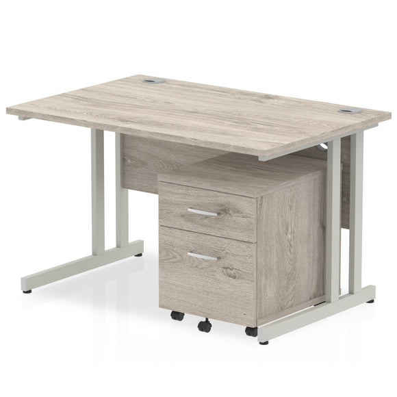 Impulse 1400 x 800mm Straight Desk Grey Oak Top Silver Cantilever Leg with 2 Drawer Mobile Pedestal Bundle