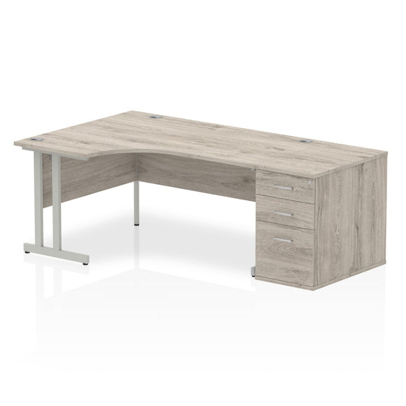Impulse 1600mm Left Crescent Desk Grey Oak Top Silver Cantilever Leg Workstation 800 Deep Desk High Pedestal Bundle