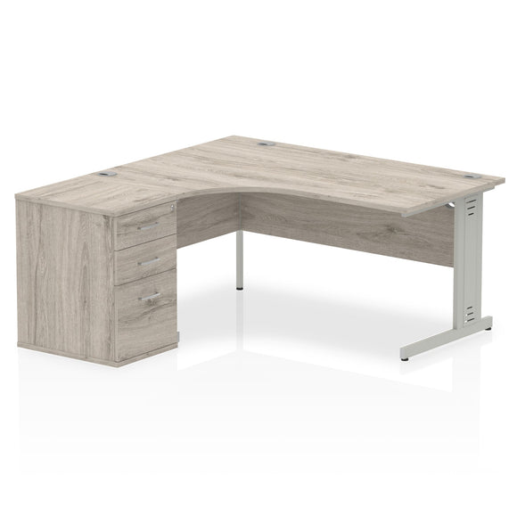 Impulse 1600mm Left Crescent Desk Grey Oak Top Silver Cable Managed Leg Workstation 600 Deep Desk High Pedestal Bundle