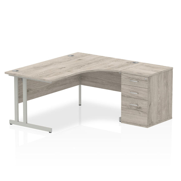 Impulse 1600mm Right Crescent Desk Grey Oak Top Silver Cantilever Leg Workstation 600 Deep Desk High Pedestal Bundle