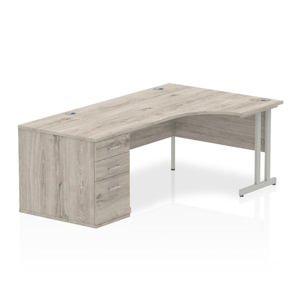 Impulse 1600mm Right Crescent Desk Grey Oak Top Silver Cantilever Leg Workstation 800 Deep Desk High Pedestal Bundle