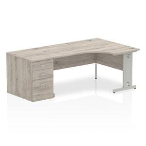 Impulse 1600mm Right Crescent Desk Grey Oak Top Silver Cable Managed Leg Workstation 800 Deep Desk High Pedestal Bundle