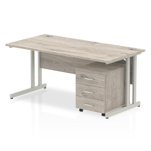 Impulse 1600 x 800mm Straight Desk Grey Oak Top Silver Cantilever Leg with 3 Drawer Mobile Pedestal