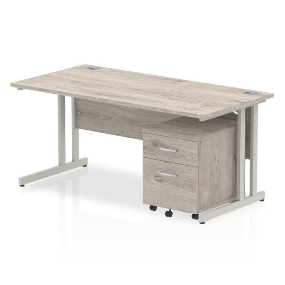 Impulse 1600 x 800mm Straight Desk Grey Oak Top Silver Cantilever Leg with 2 Drawer Mobile Pedestal