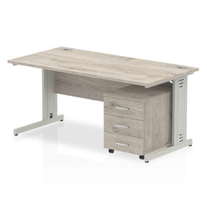 Impulse 1600 x 800mm Straight Desk Grey Oak Top Silver Cable Managed Leg with 3 Drawer Mobile Pedestal