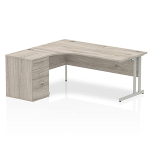 Impulse 1800mm Left Crescent Desk Grey Oak Top Silver Cantilever Leg Workstation 600 Deep Desk High Pedestal Bundle