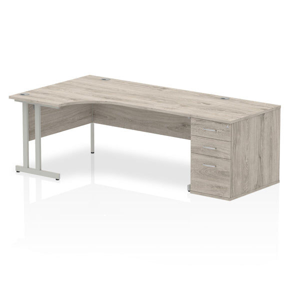 Impulse 1800mm Left Crescent Desk Grey Oak Top Silver Cantilever Leg Workstation 800 Deep Desk High Pedestal Bundle