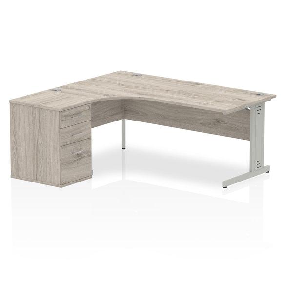 Impulse 1800mm Left Crescent Desk Grey Oak Top Silver Cable Managed Leg Workstation 600 Deep Desk High Pedestal Bundle