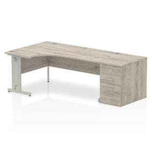 Impulse 1800mm Left Crescent Desk Grey Oak Top Silver Cable Managed Leg Workstation 800 Deep Desk High Pedestal Bundle