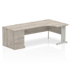 Impulse 1800mm Right Crescent Desk Grey Oak Top Silver Cable Managed Leg Workstation 800 Deep Desk High Pedestal Bundle