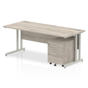 Impulse 1800 x 800mm Straight Desk Grey Oak Top Silver Cantilever Leg with 2 Drawer Mobile Pedestal