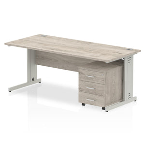 Impulse 1800 x 800mm Straight Desk Grey Oak Top Silver Cable Managed Leg with 3 Drawer Mobile Pedestal