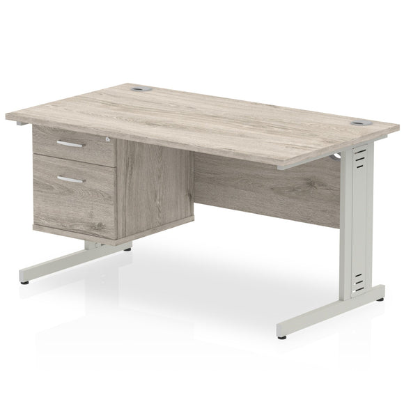 Impulse 1400 x 800mm Straight Desk Grey Oak Top Silver Cable Managed Leg with 1 x 2 Drawer Fixed Pedestal