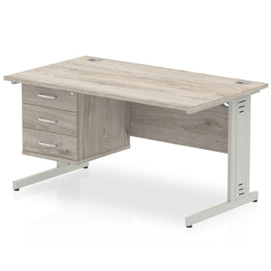 Impulse 1400 x 800mm Straight Desk Grey Oak Top Silver Cable Managed Leg with 1 x 3 Drawer Fixed Pedestal