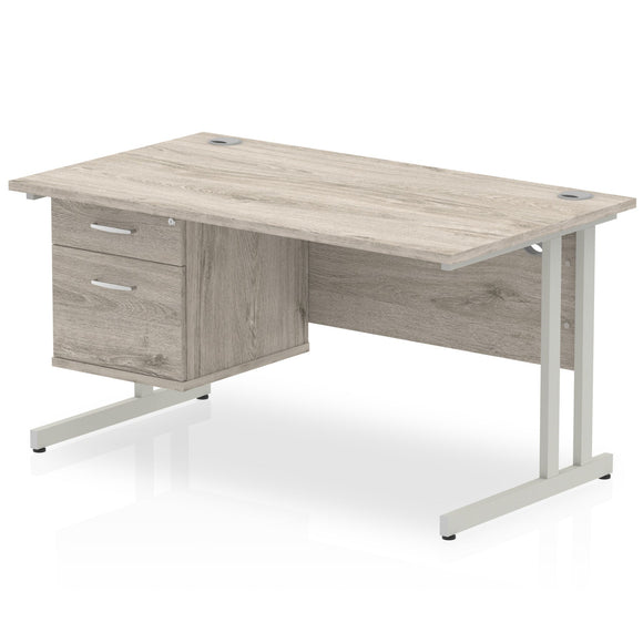 Impulse 1400 x 800mm Straight Desk Grey Oak Top Silver Cantilever Leg with 1 x 2 Drawer Fixed Pedestal